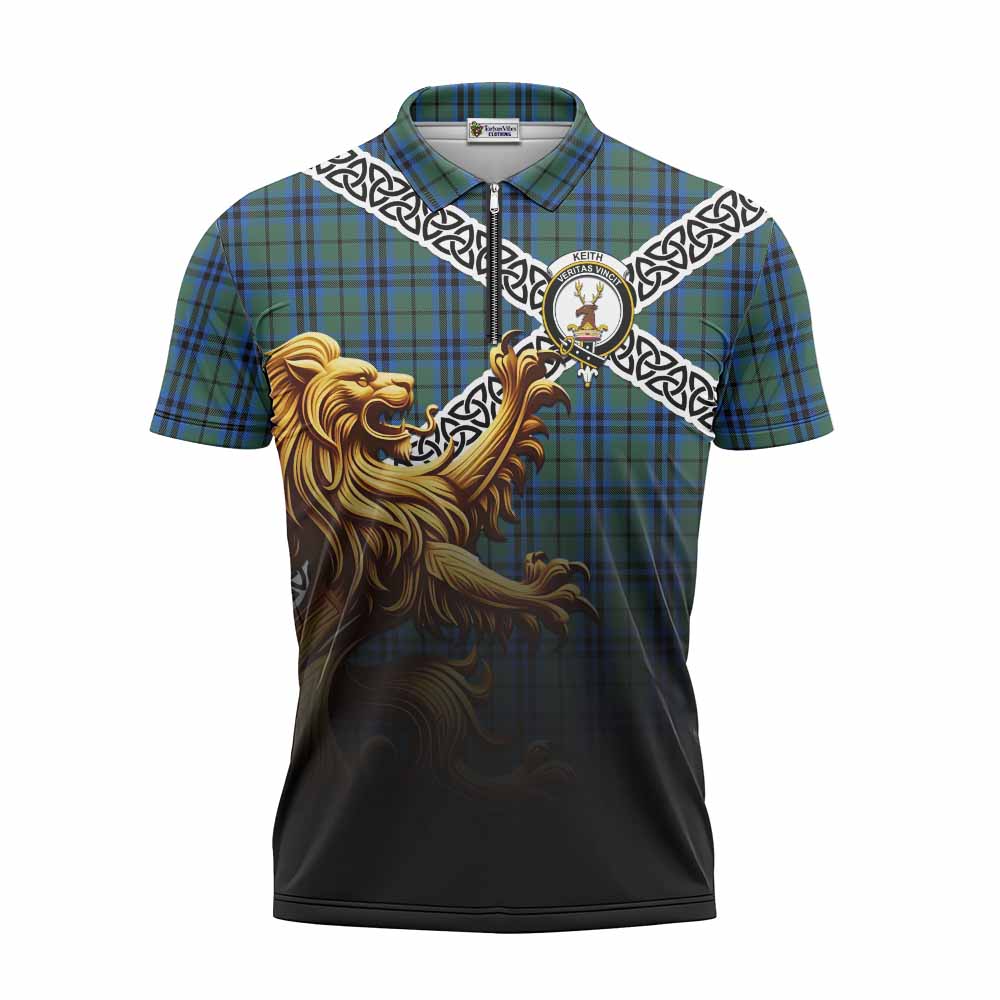 Tartan Vibes Clothing Keith Crest Tartan Zipper Polo Shirt with Golden Lion Emblem Celtic Style
