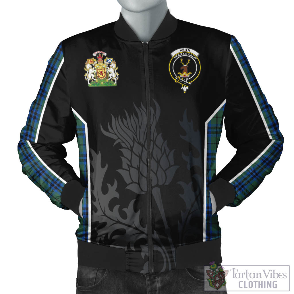 Keith Tartan Bomber Jacket with Family Crest and Scottish Thistle Vibes Sport Style Unisex Black - Tartan Vibes Clothing