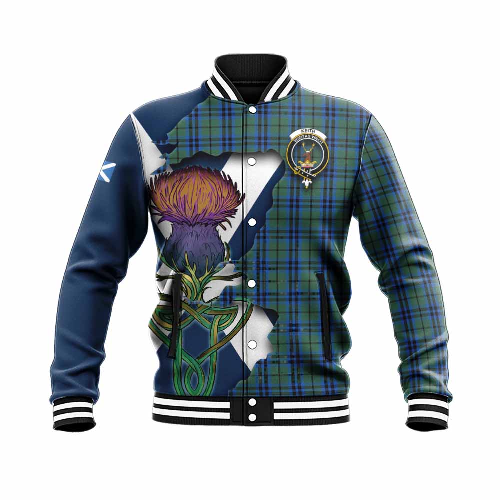 Tartan Vibes Clothing Keith Tartan Family Crest Baseball Jacket Scottish Thistle Celtic Inspired