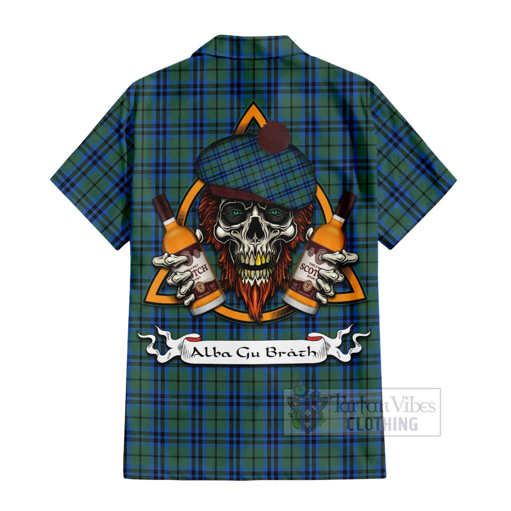 Tartan Vibes Clothing Keith Tartan Short Sleeve Button Shirt with Family Crest and Bearded Skull Holding Bottles of Whiskey