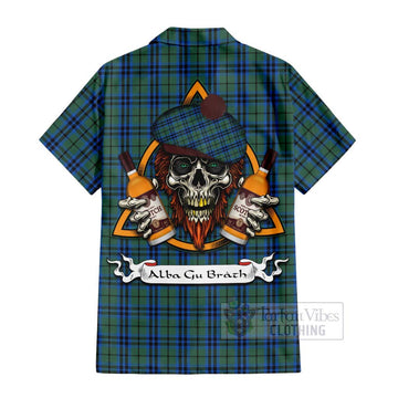 Tartan Vibes Clothing Keith Tartan Short Sleeve Button Shirt with Family Crest and Bearded Skull Holding Bottles of Whiskey