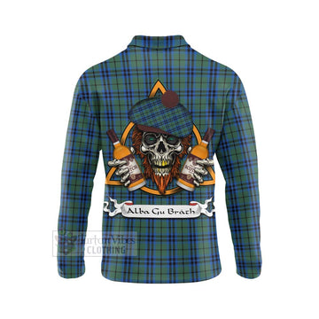 Tartan Vibes Clothing Keith Tartan Long Sleeve Polo Shirt with Family Crest and Bearded Skull Holding Bottles of Whiskey