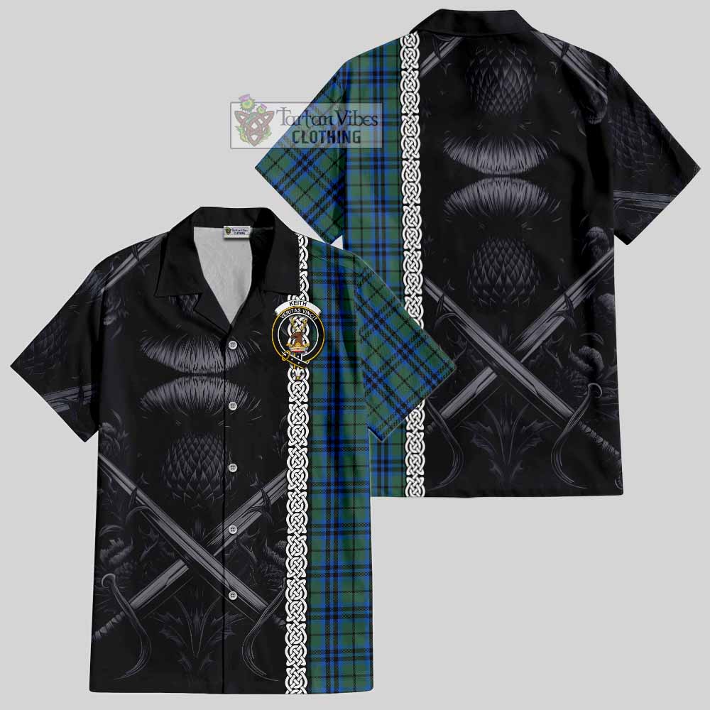 Tartan Vibes Clothing Keith Tartan Short Sleeve Button Shirt with Family Crest Cross Sword Thistle Celtic Vibes