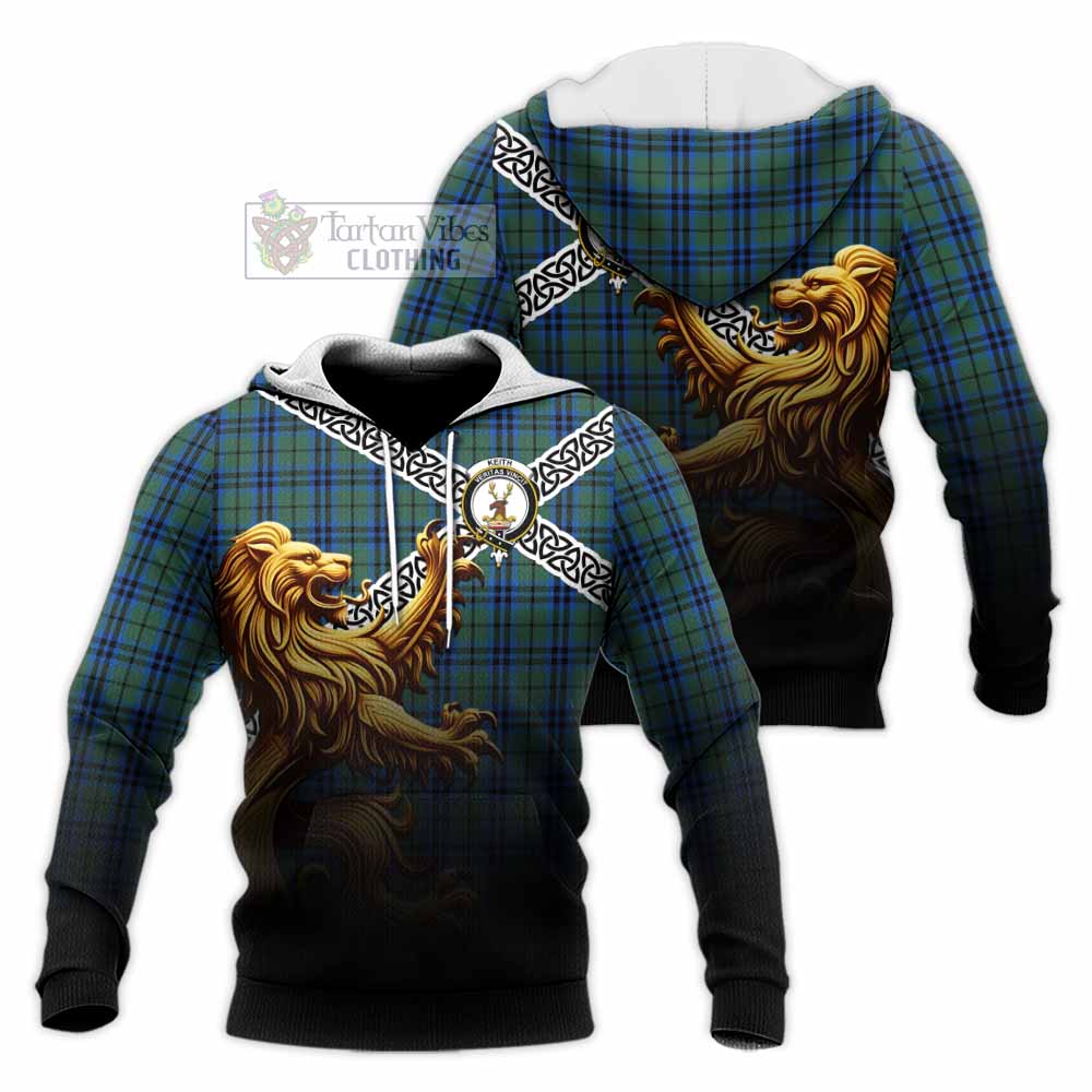 Tartan Vibes Clothing Keith Crest Tartan Knitted Hoodie with Golden Lion Emblem Celtic Style