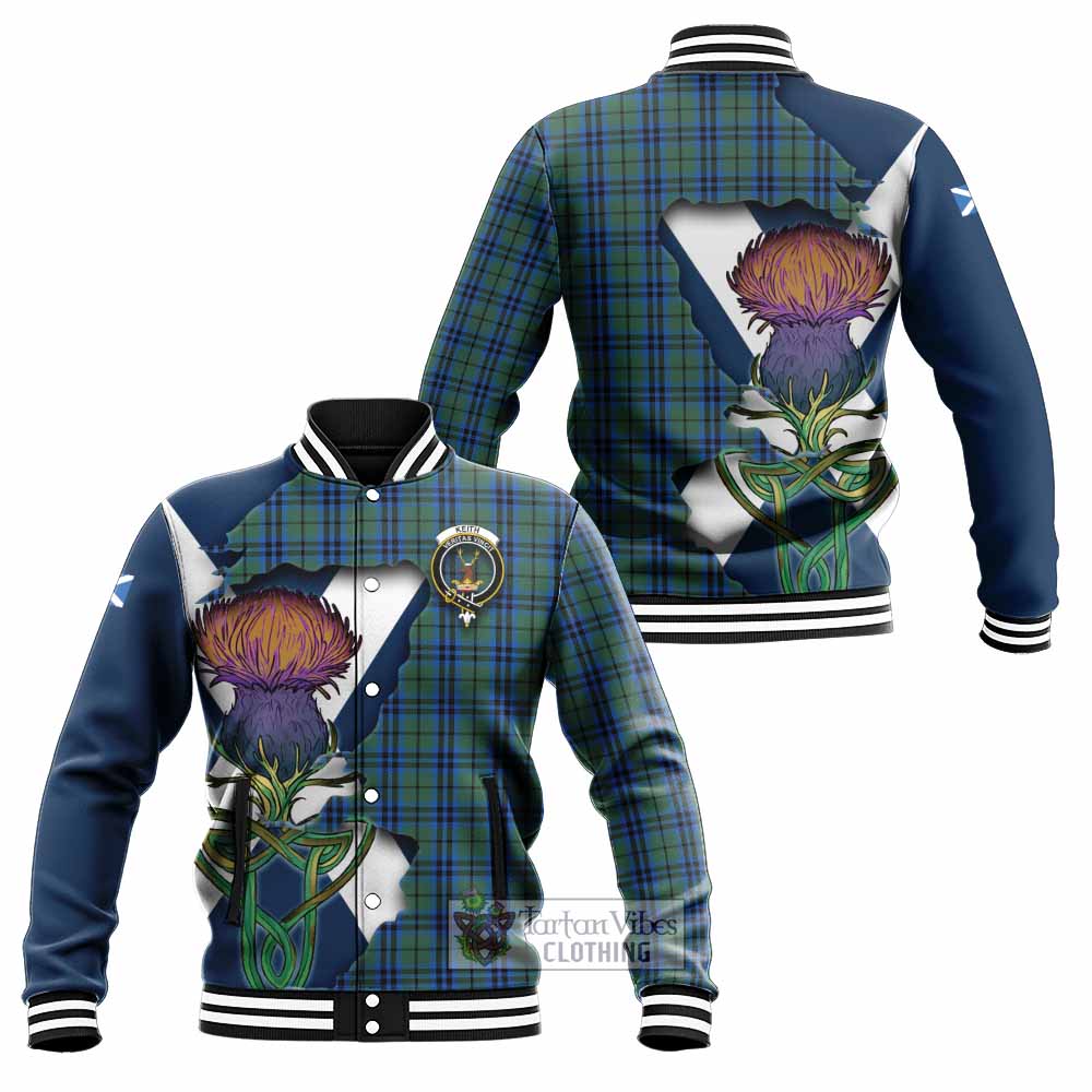Tartan Vibes Clothing Keith Tartan Family Crest Baseball Jacket Scottish Thistle Celtic Inspired