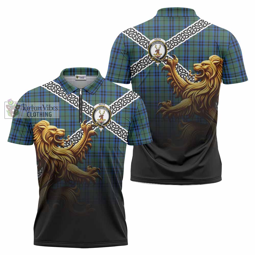 Tartan Vibes Clothing Keith Crest Tartan Zipper Polo Shirt with Golden Lion Emblem Celtic Style
