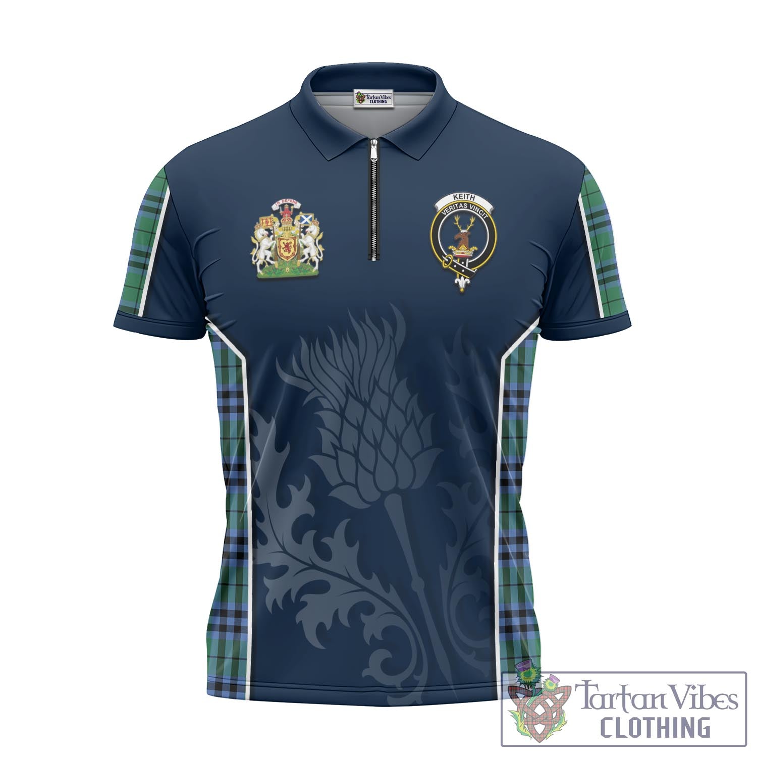 Tartan Vibes Clothing Keith Ancient Tartan Zipper Polo Shirt with Family Crest and Scottish Thistle Vibes Sport Style