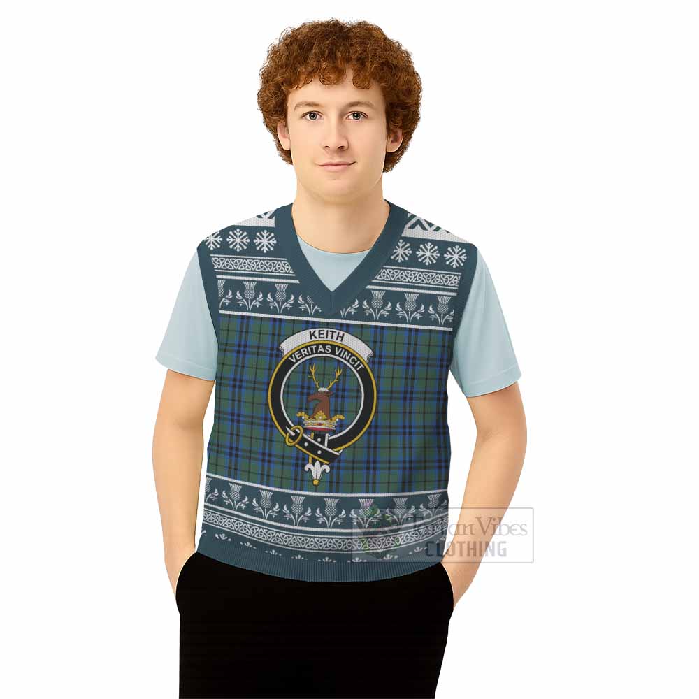 Keith Clan Tartan Christmas Knitted V-Neck Vest with Family Crest - Tartan Vibes Clothing
