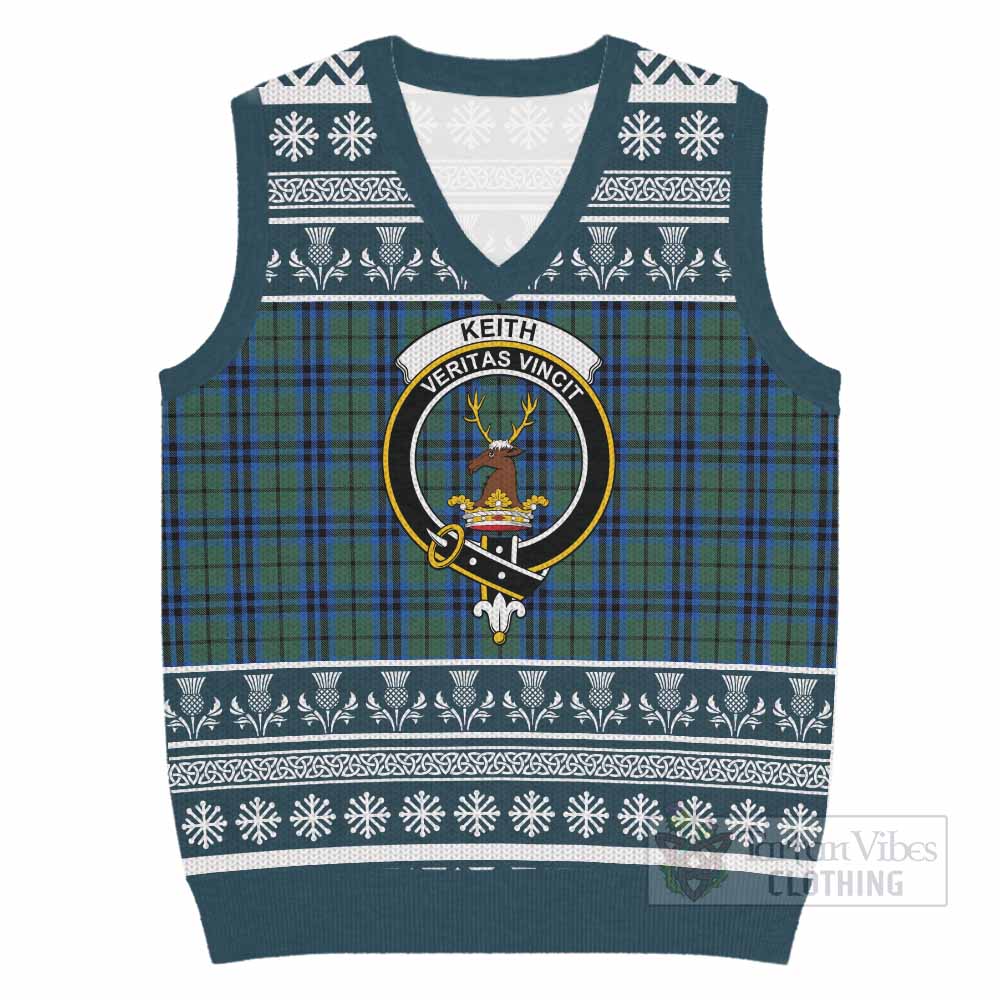 Keith Clan Tartan Christmas Knitted V-Neck Vest with Family Crest - Tartan Vibes Clothing