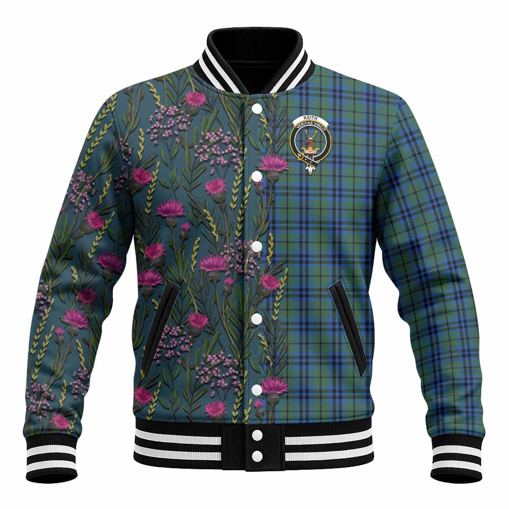 Keith Family Crest Tartan Baseball Jacket Scottish Thistle Flower Pattern Half Style - Tartan Vibes Clothing