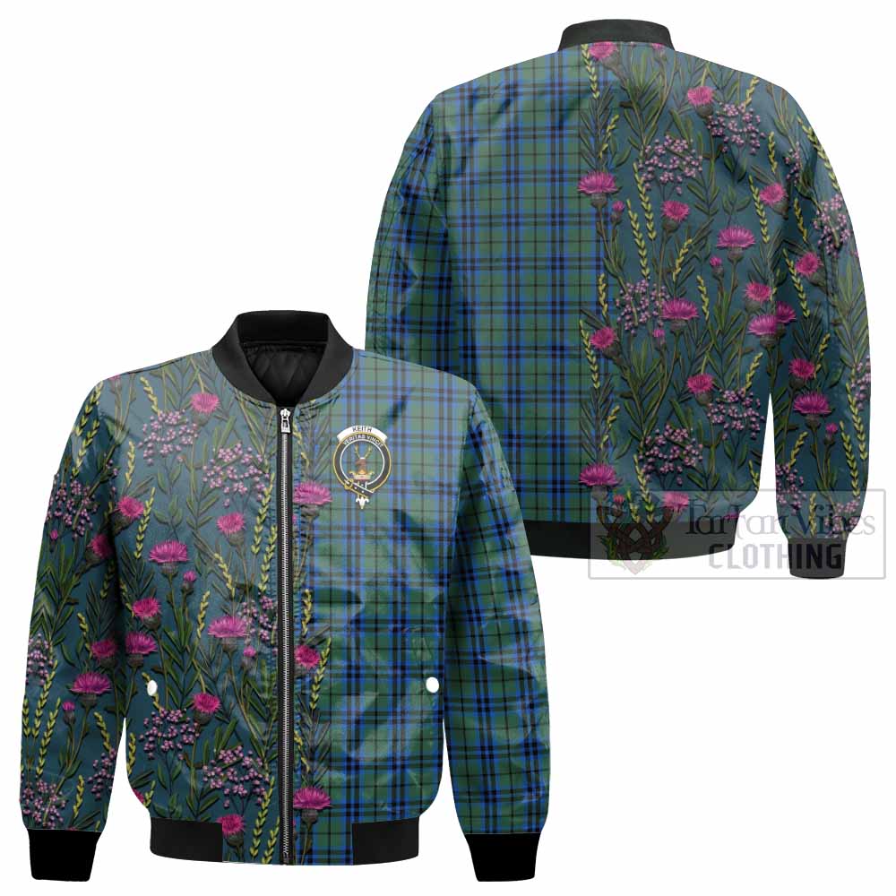 Keith Family Crest Tartan Bomber Jacket Scottish Thistle Flower Pattern Half Style - Tartan Vibes Clothing