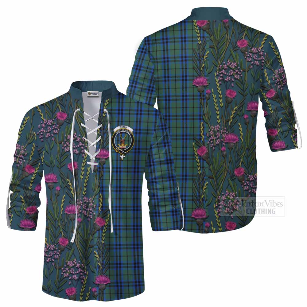 Keith Family Crest Tartan Ghillie Shirt Scottish Thistle Flower Pattern Half Style - Tartan Vibes Clothing