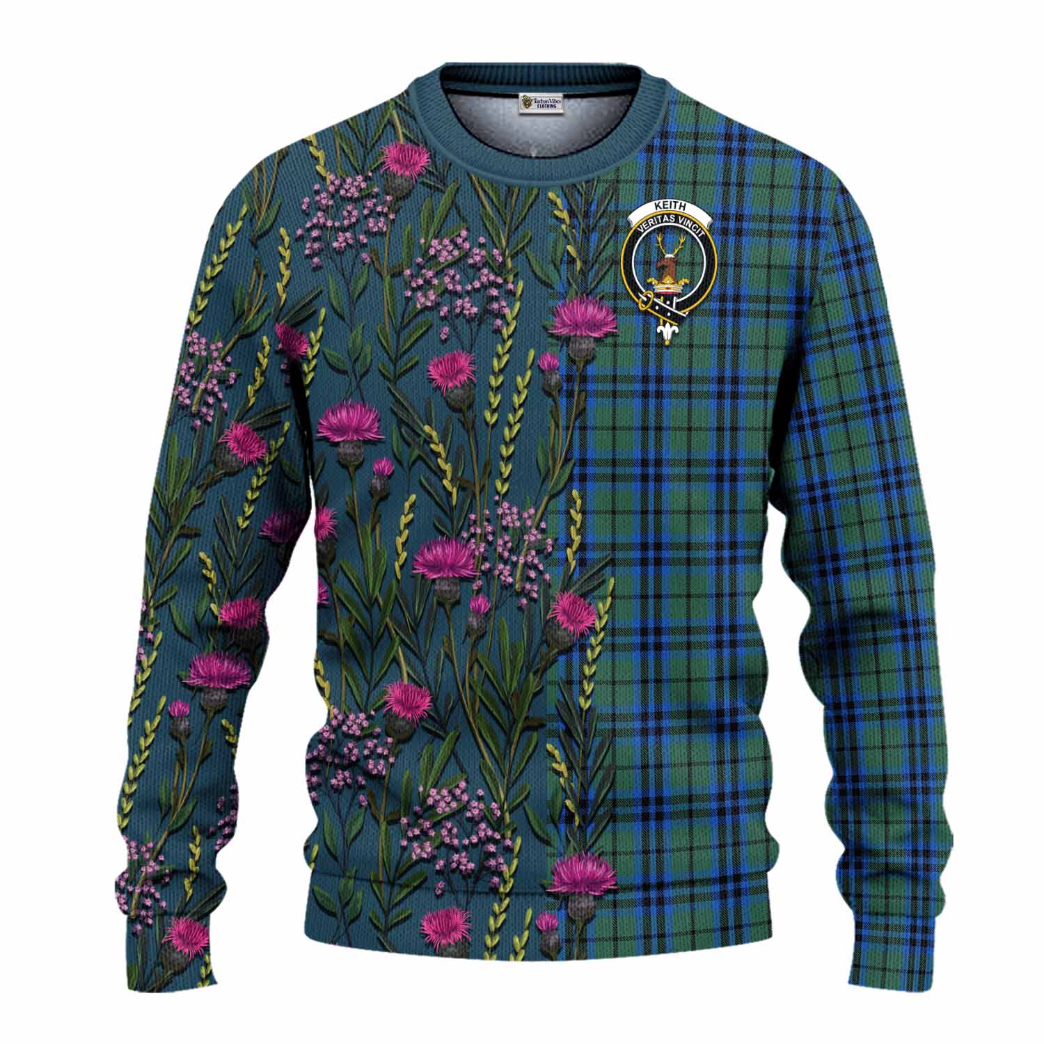 Keith Family Crest Tartan Knitted Sweater Scottish Thistle Flower Pattern Half Style - Tartan Vibes Clothing