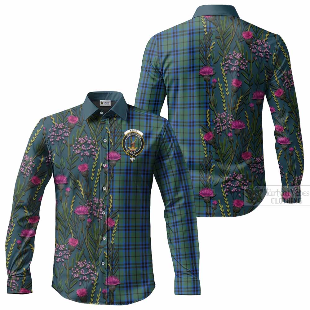 Keith Family Crest Tartan Long Sleeve Button Shirts Scottish Thistle Flower Pattern Half Style - Tartan Vibes Clothing