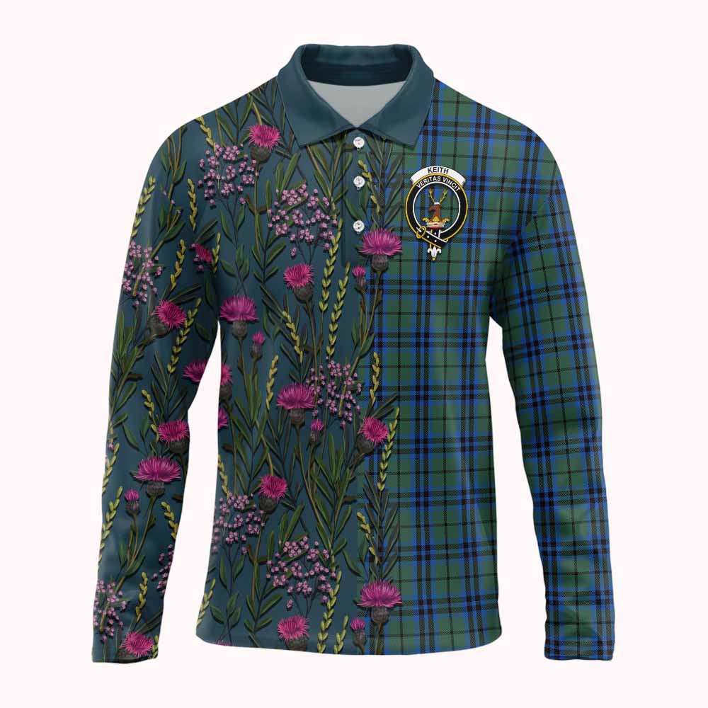 Keith Family Crest Tartan Long Sleeve Polo Shirt Scottish Thistle Flower Pattern Half Style - Tartan Vibes Clothing