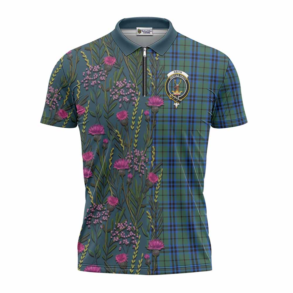Keith Family Crest Tartan Zipper Polo Shirt Scottish Thistle Flower Pattern Half Style - Tartan Vibes Clothing
