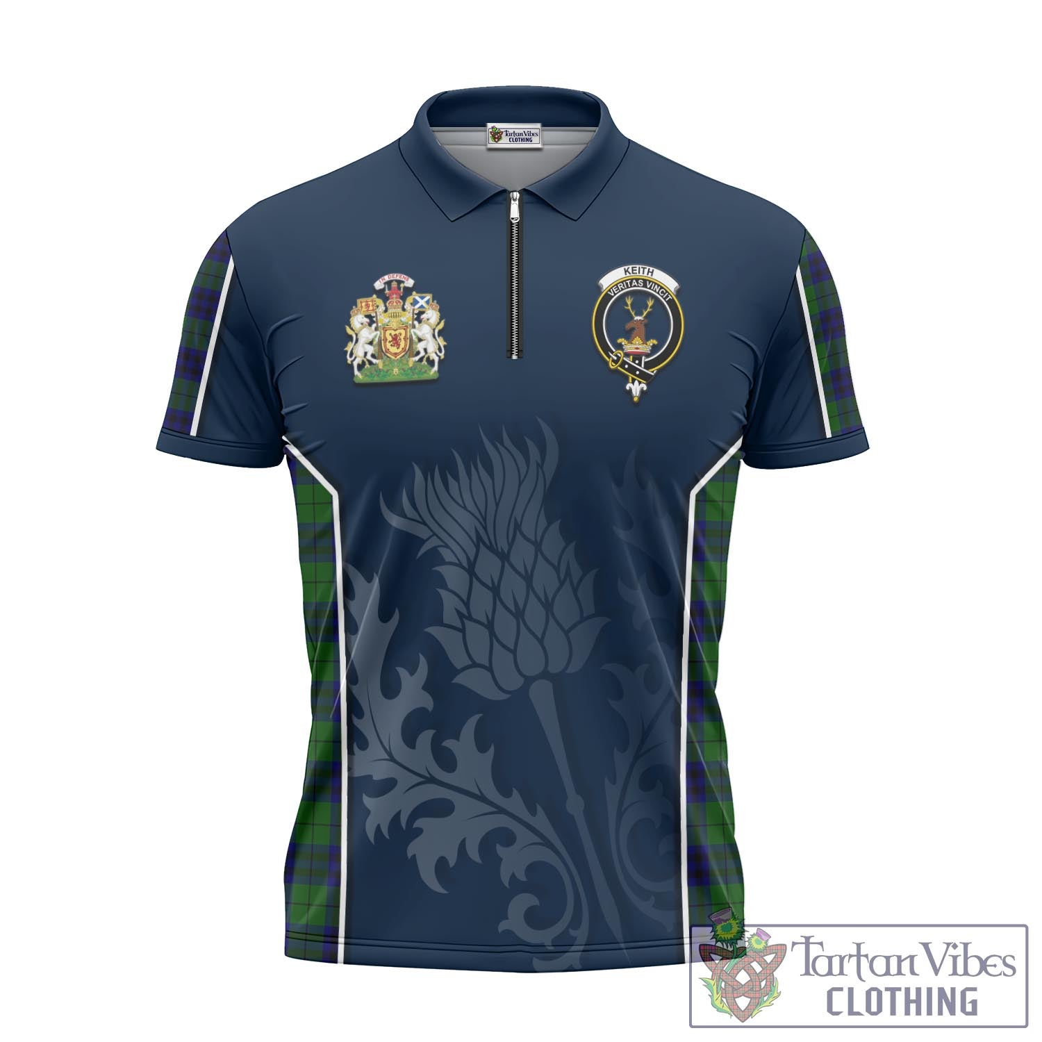 Tartan Vibes Clothing Keith Modern Tartan Zipper Polo Shirt with Family Crest and Scottish Thistle Vibes Sport Style