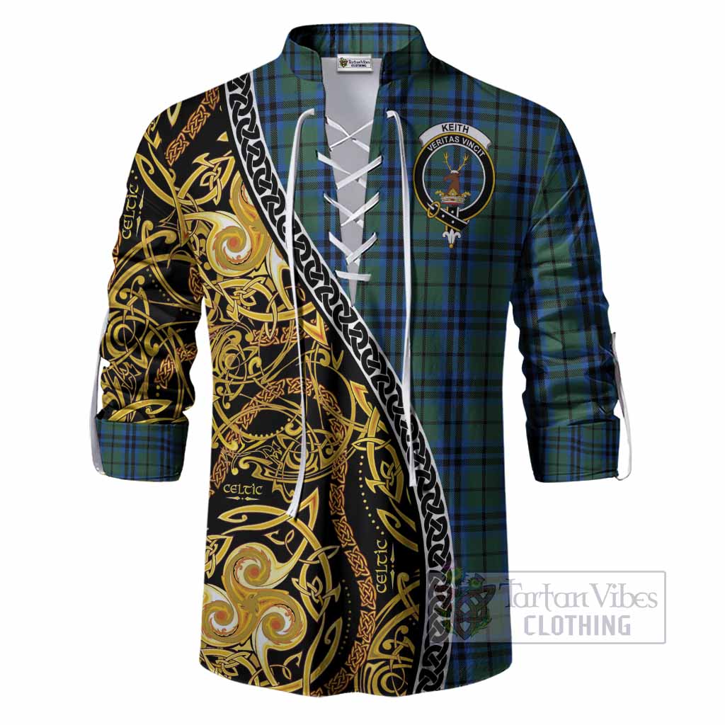 Keith Tartan Crest Ghillie Shirt Celtic Knot and Triple Trickle Spiral Symbols