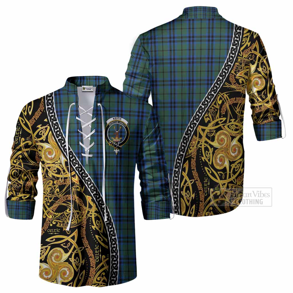 Keith Tartan Crest Ghillie Shirt Celtic Knot and Triple Trickle Spiral Symbols