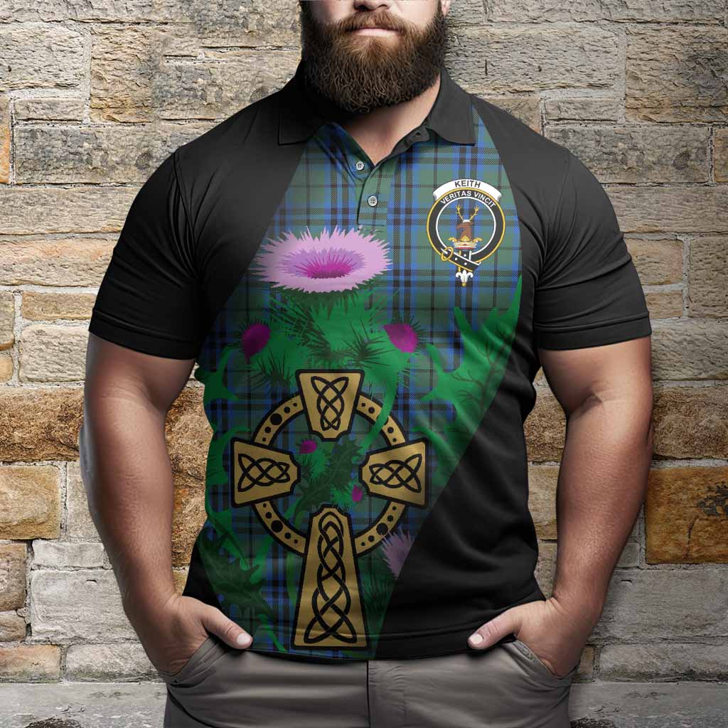 Keith Tartan Crest Polo Shirt Celtic Cross Thistle Flowers