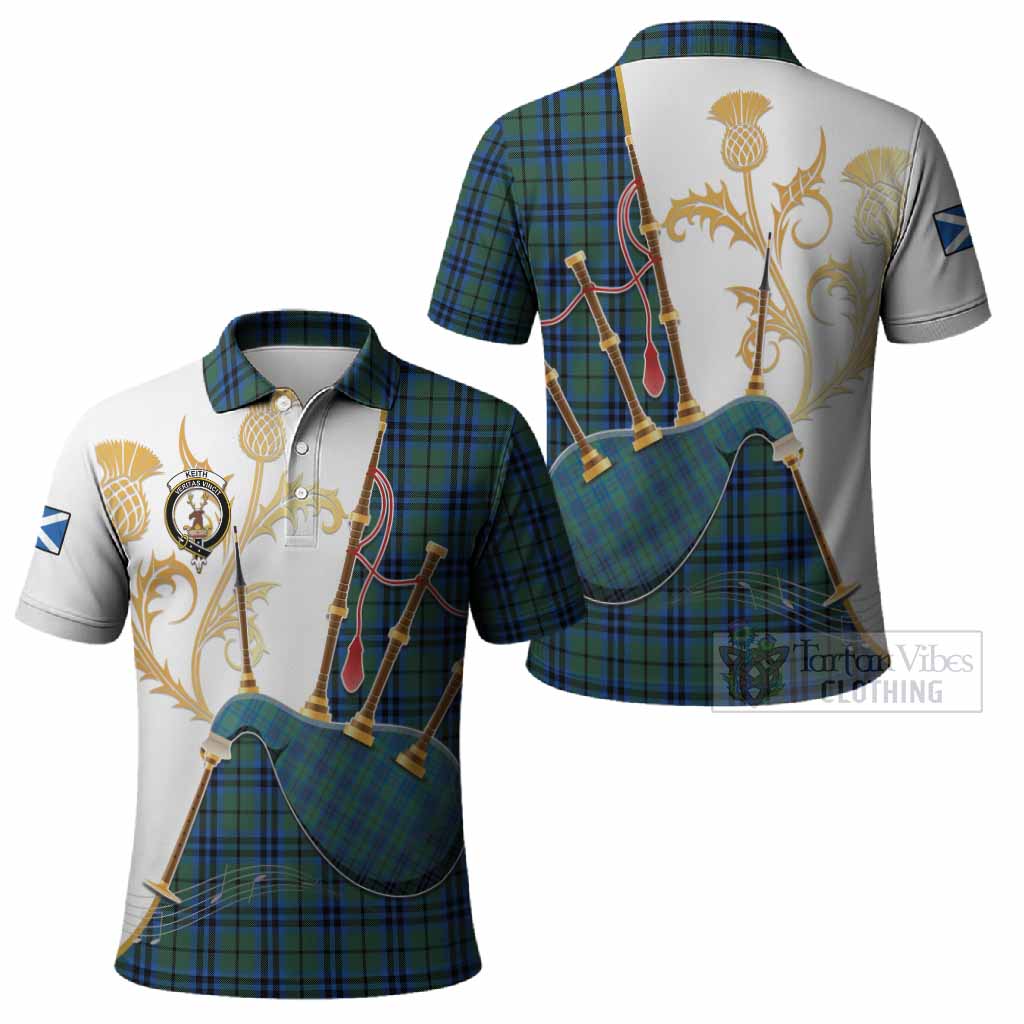 Keith Tartan Family Crest Polo Shirt Bagpipes with Scottish Thistle