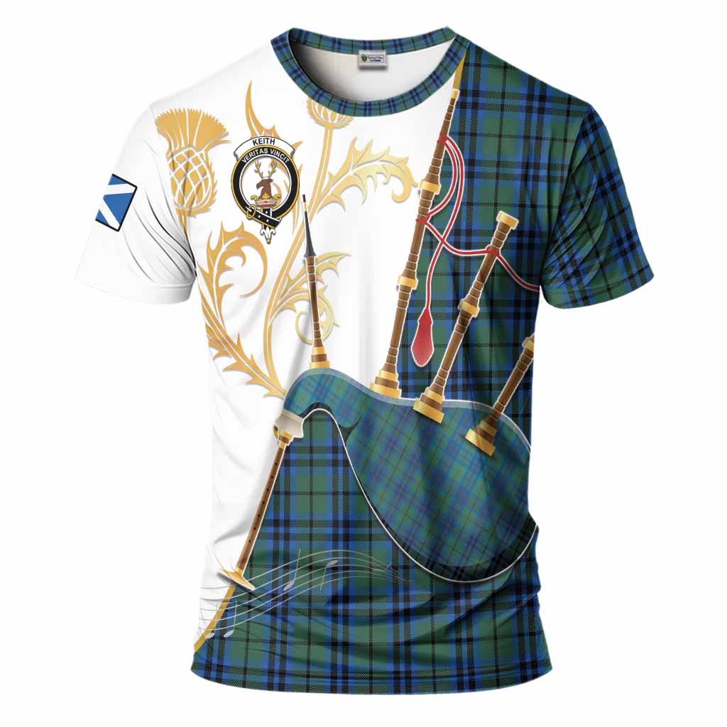 Keith Tartan Family Crest T-Shirt Bagpipes with Scottish Thistle