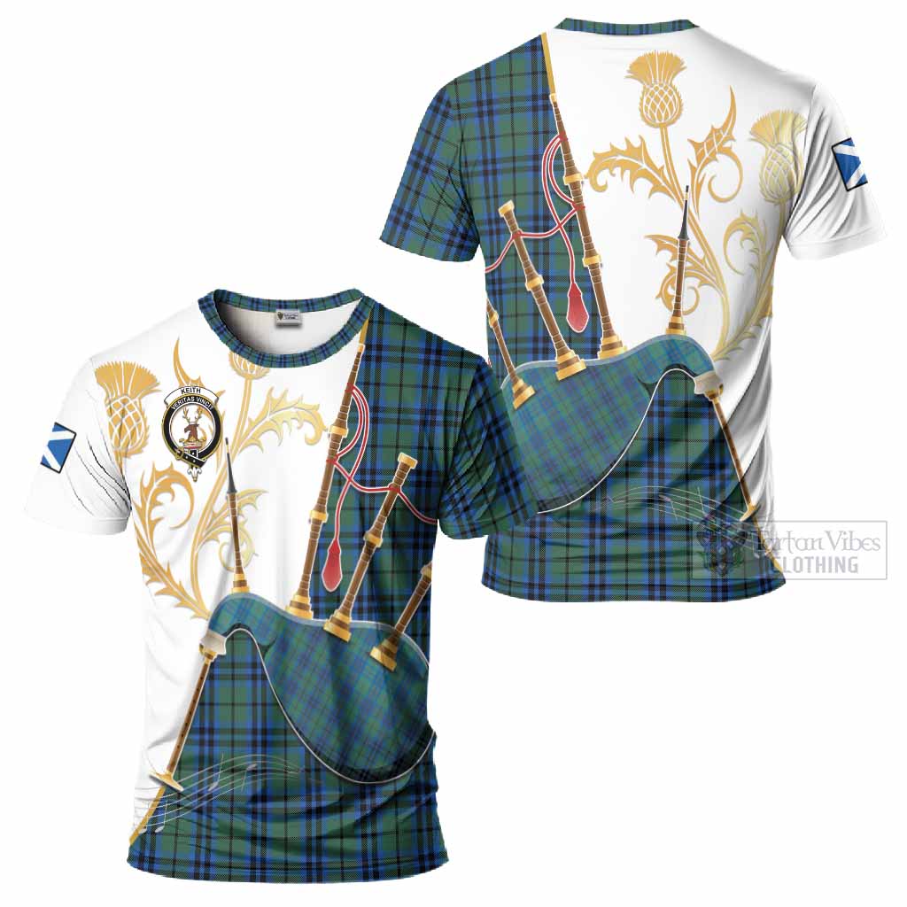 Keith Tartan Family Crest T-Shirt Bagpipes with Scottish Thistle