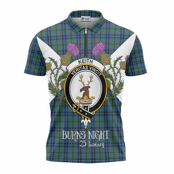 Keith Tartan Family Crest Zipper Polo Shirt Scottish Burns Night Thistle Floral