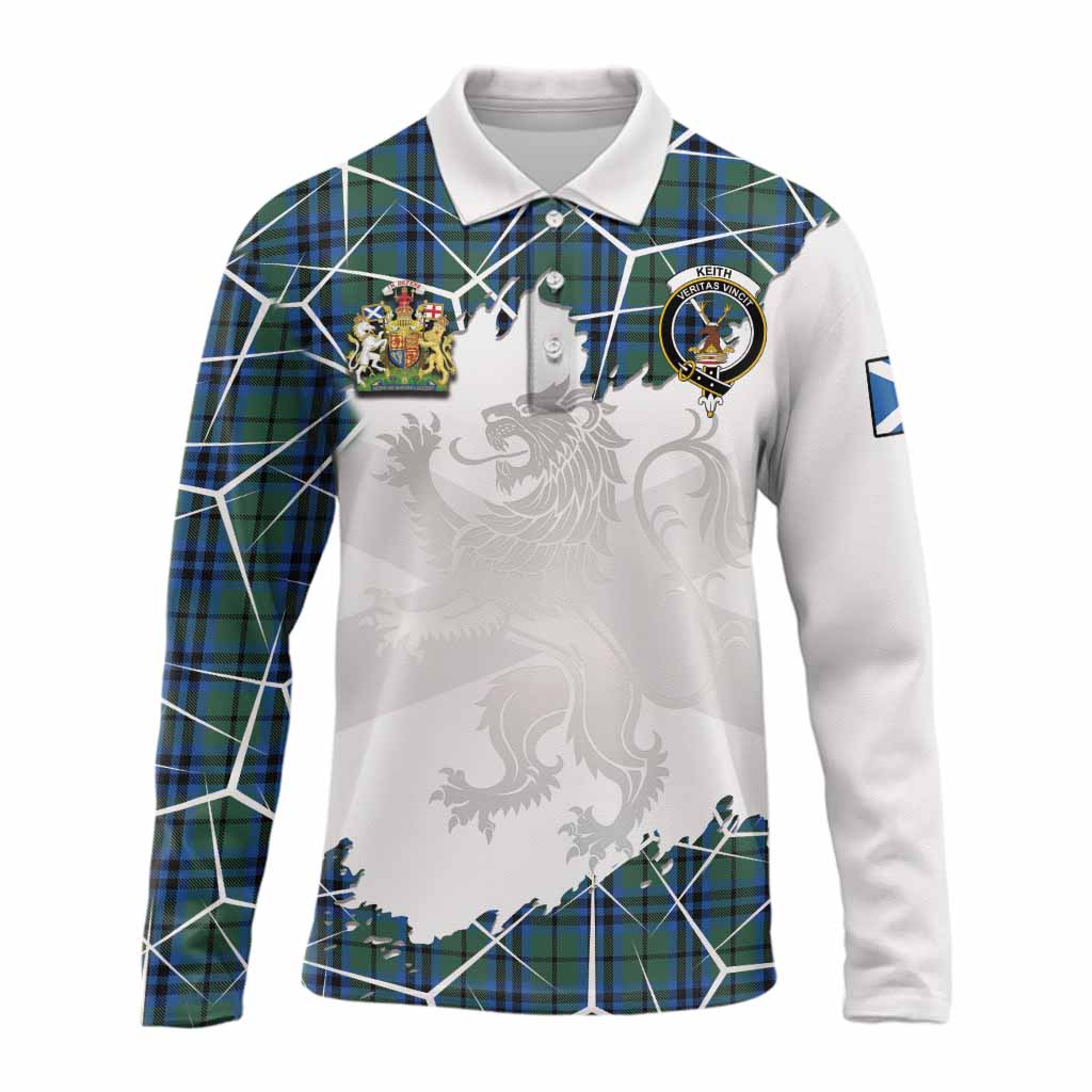 Keith Tartan Long Sleeve Polo Shirt with Family Crest and Lion Rampant Grunge Style