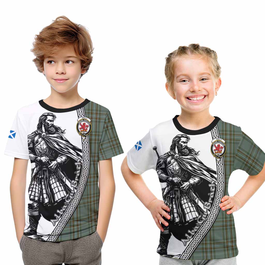 Kelly Tartan Clan Crest Kid T-Shirt with Highlander Warrior Celtic Style