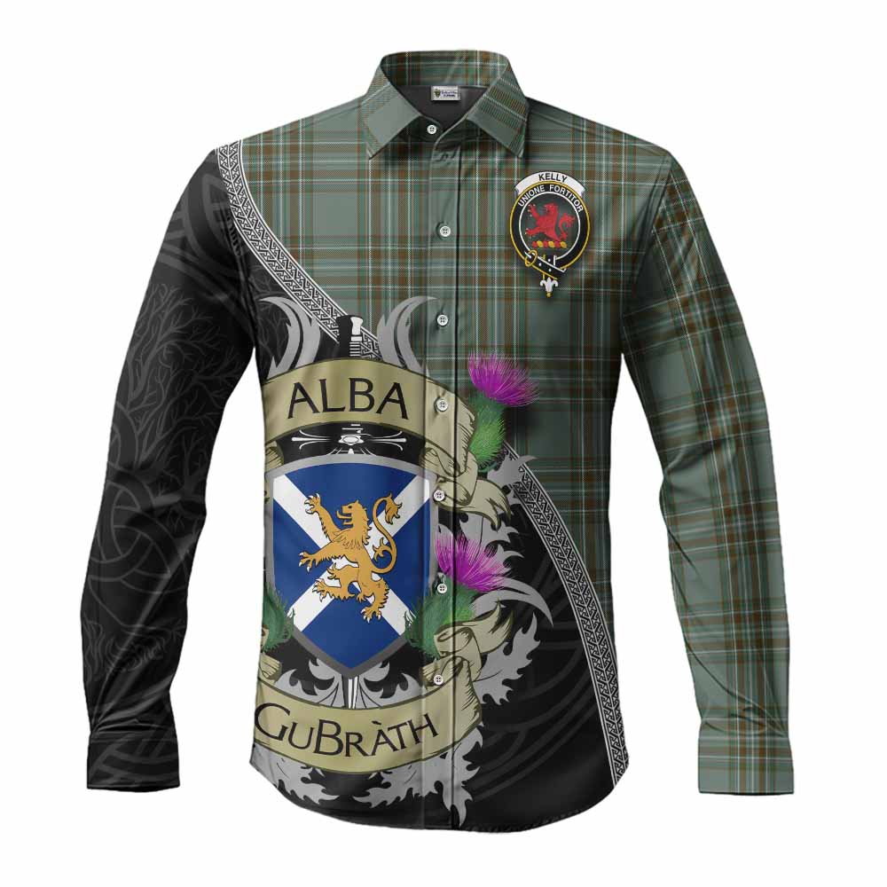 Tartan Vibes Clothing Kelly Tartan Family Crest Long Sleeve Button Shirt Lion Rampant Royal Thistle Shield Celtic Inspired