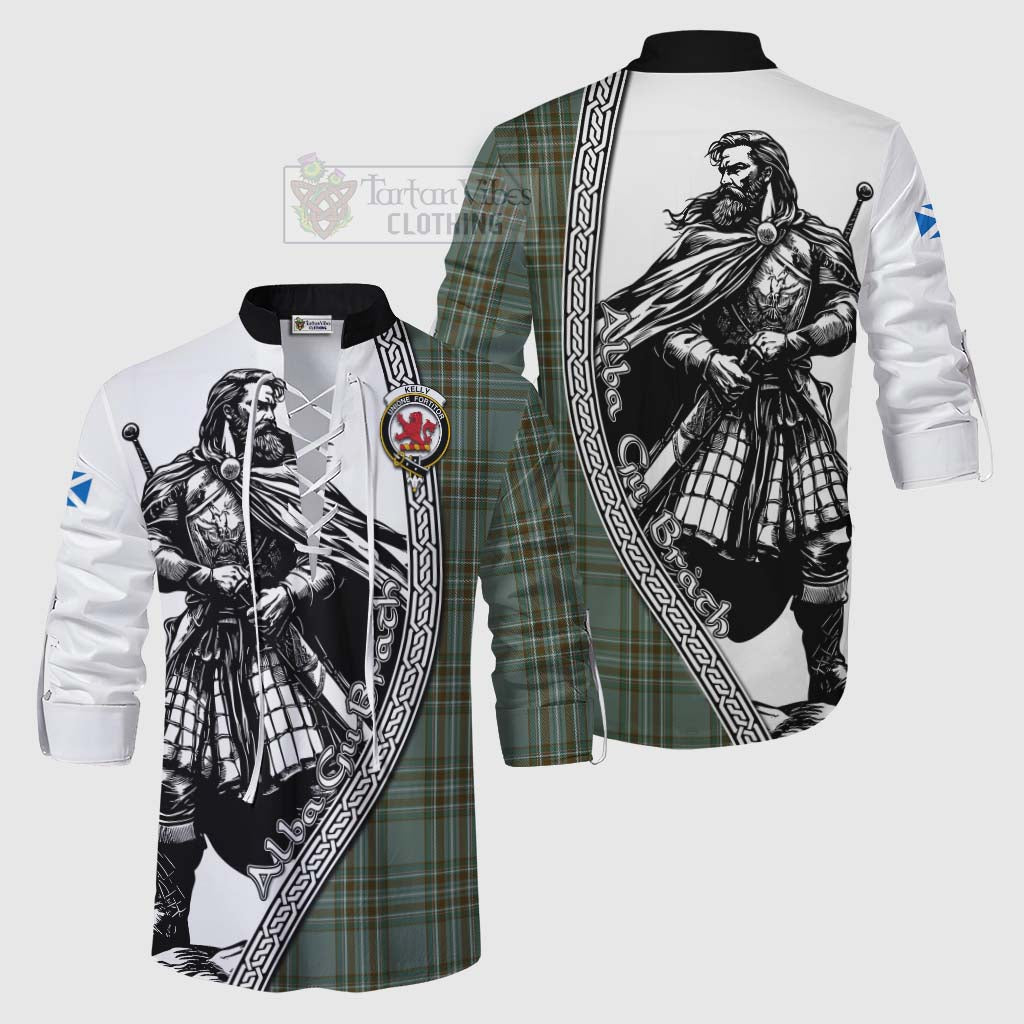 Tartan Vibes Clothing Kelly Tartan Clan Crest Ghillie Kilt Shirt with Highlander Warrior Celtic Style