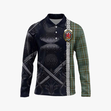 Tartan Vibes Clothing Kelly Tartan Long Sleeve Polo Shirt with Family Crest Cross Sword Thistle Celtic Vibes