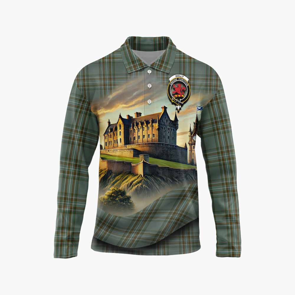 Tartan Vibes Clothing Kelly Tartan Family Crest Long Sleeve Polo Shirt with Scottish Ancient Castle Style