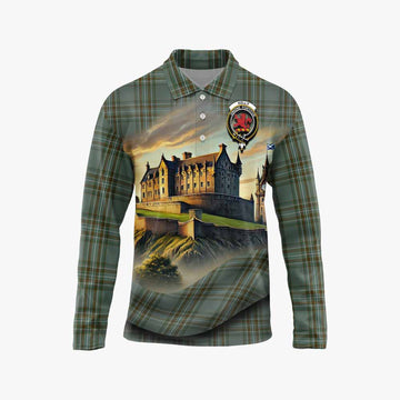 Tartan Vibes Clothing Kelly Tartan Family Crest Long Sleeve Polo Shirt with Scottish Ancient Castle Style