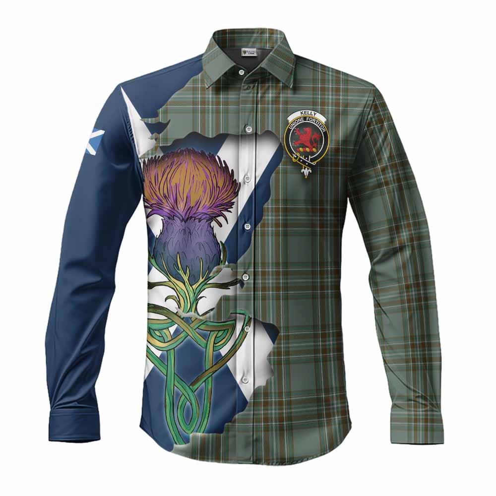 Tartan Vibes Clothing Kelly Tartan Family Crest Long Sleeve Button Shirt Scottish Thistle Celtic Inspired