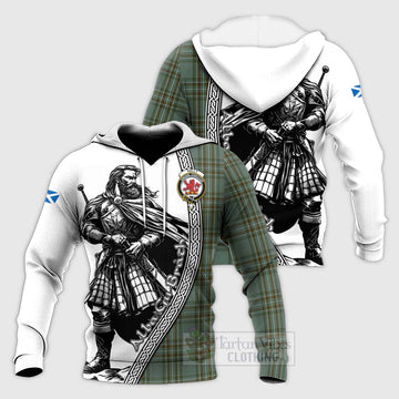 Tartan Vibes Clothing Kelly Tartan Clan Crest Knitted Hoodie with Highlander Warrior Celtic Style