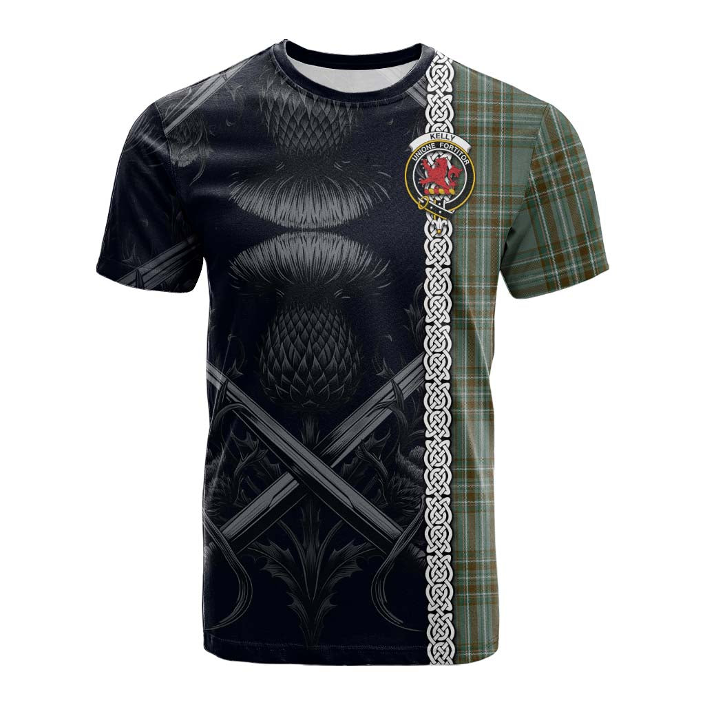 Tartan Vibes Clothing Kelly Tartan Cotton T-shirt with Family Crest Cross Sword Thistle Celtic Vibes