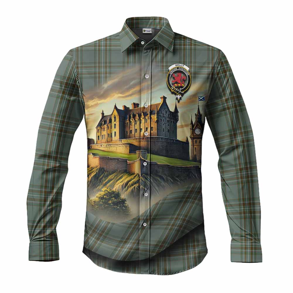 Tartan Vibes Clothing Kelly Tartan Family Crest Long Sleeve Button Shirt with Scottish Ancient Castle Style