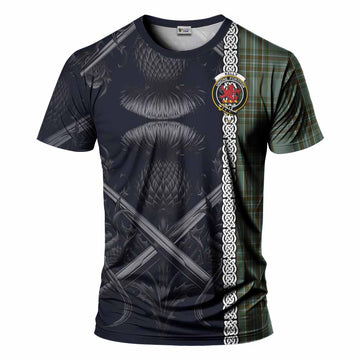Tartan Vibes Clothing Kelly Tartan T-Shirt with Family Crest Cross Sword Thistle Celtic Vibes