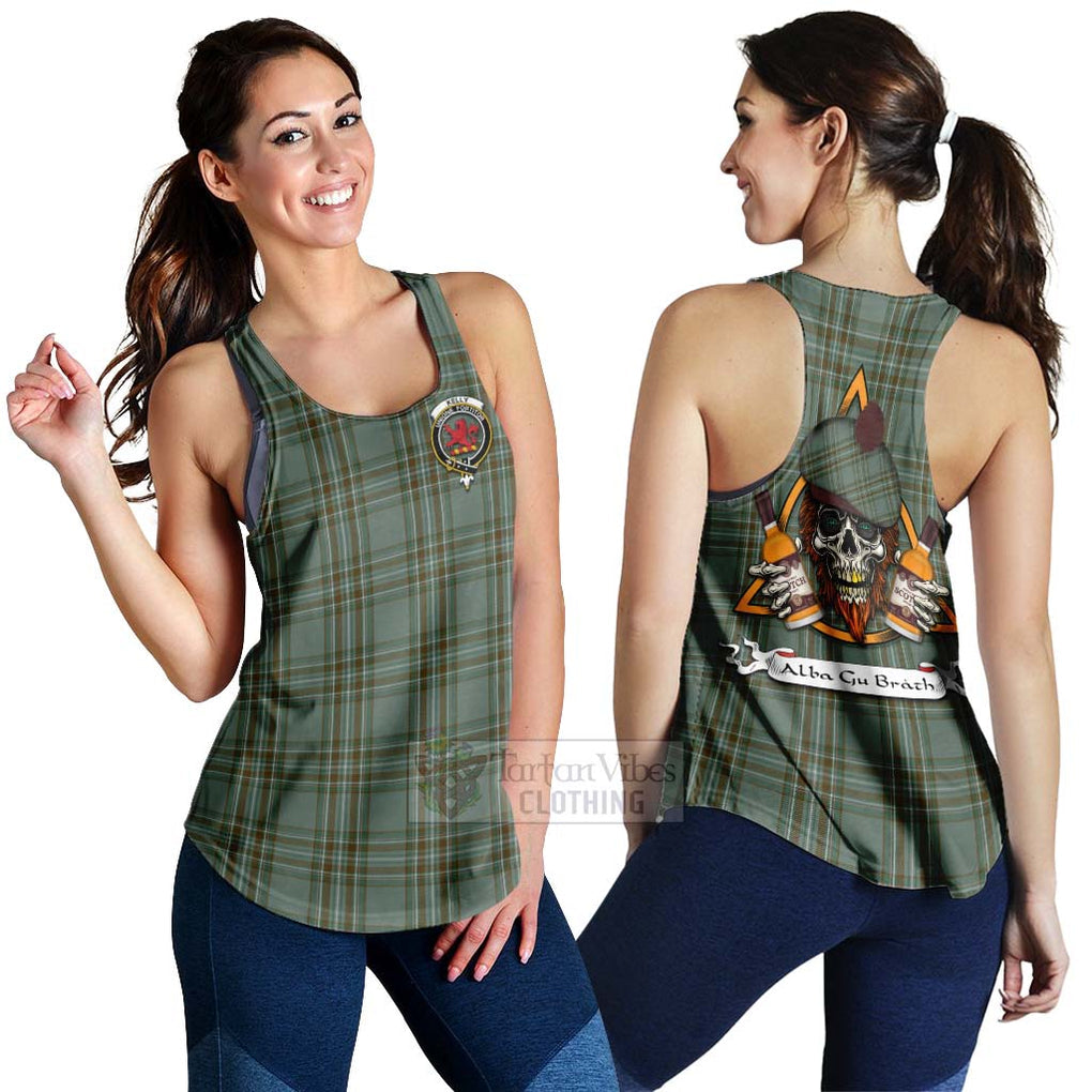 Tartan Vibes Clothing Kelly Tartan Women's Racerback Tanks with Family Crest and Bearded Skull Holding Bottles of Whiskey