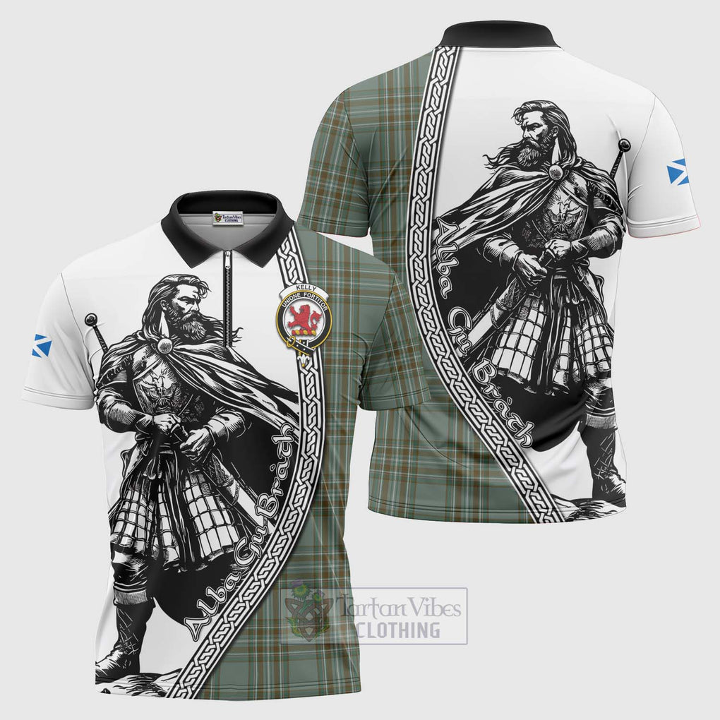 Tartan Vibes Clothing Kelly Tartan Clan Crest Zipper Polo Shirt with Highlander Warrior Celtic Style