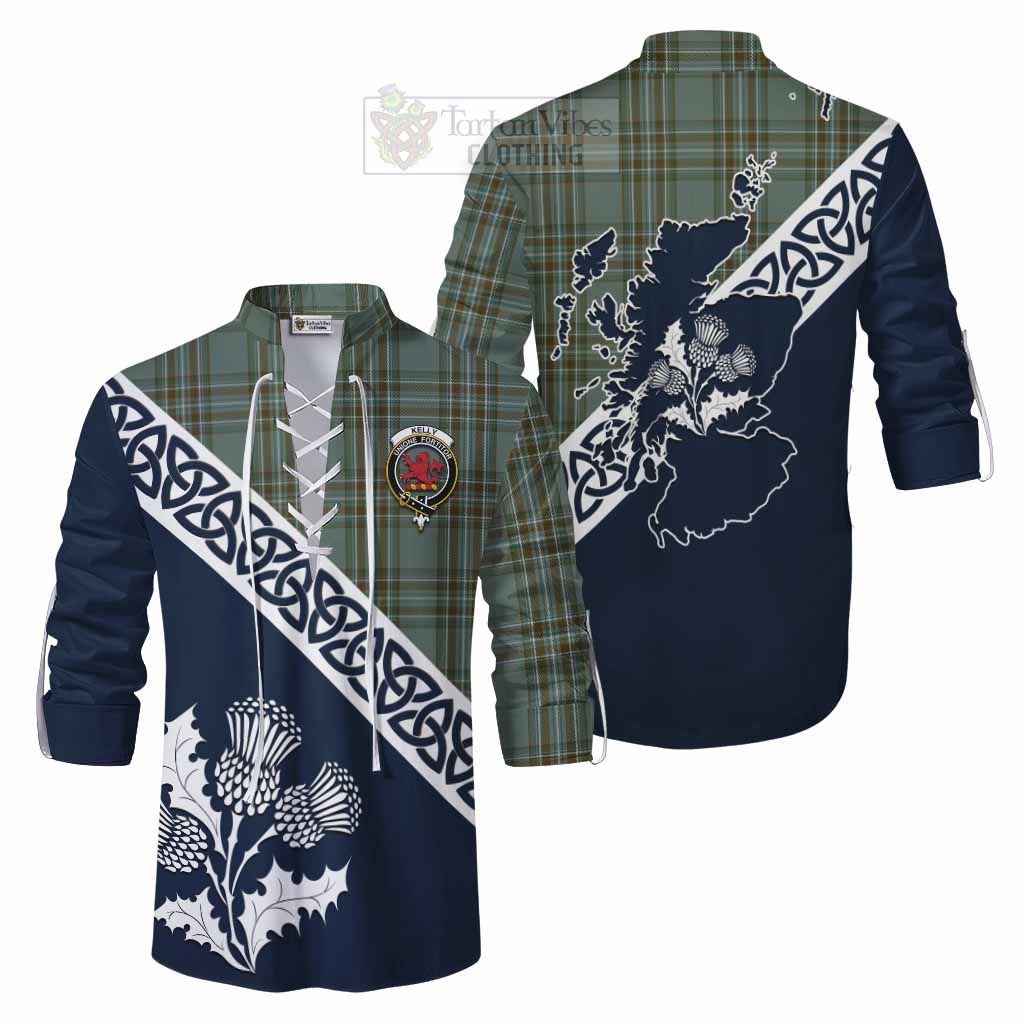 Tartan Vibes Clothing Kelly Tartan Ghillie Kilt Shirt Featuring Thistle and Scotland Map