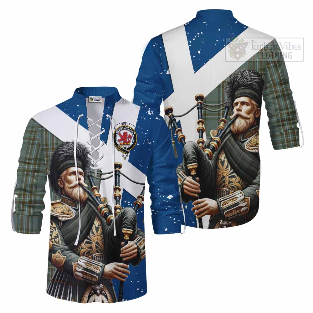 Tartan Vibes Clothing Kelly Tartan Ghillie Kilt Shirt with Family Crest Scottish Bagpiper Vibes