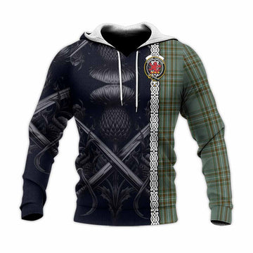 Tartan Vibes Clothing Kelly Tartan Knitted Hoodie with Family Crest Cross Sword Thistle Celtic Vibes