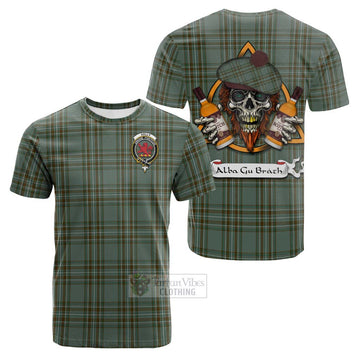 Tartan Vibes Clothing Kelly Tartan Cotton T-shirt with Family Crest and Bearded Skull Holding Bottles of Whiskey