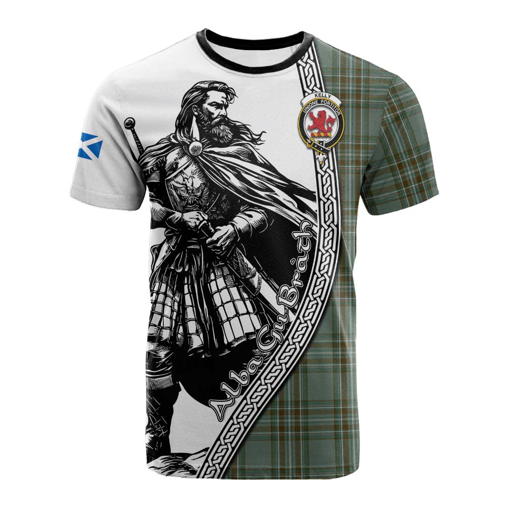 Kelly Tartan Clan Crest Cotton T-shirt with Highlander Warrior Celtic Style