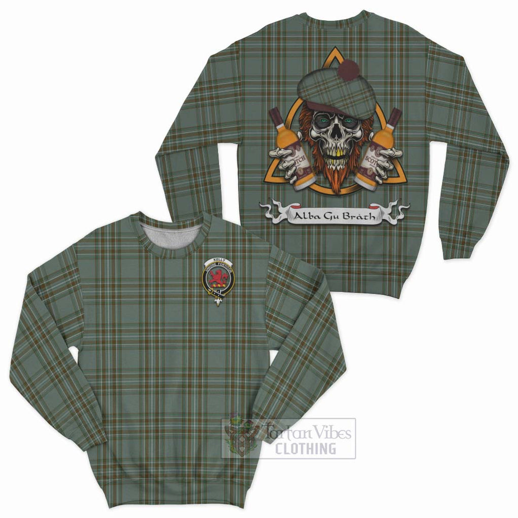 Tartan Vibes Clothing Kelly Tartan Sweatshirt with Family Crest and Bearded Skull Holding Bottles of Whiskey