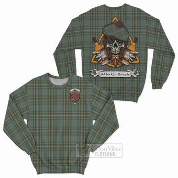 Tartan Vibes Clothing Kelly Tartan Sweatshirt with Family Crest and Bearded Skull Holding Bottles of Whiskey