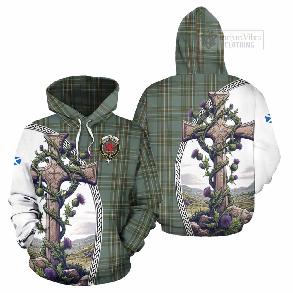 Tartan Vibes Clothing Kelly Tartan Hoodie with Family Crest and St. Andrew's Cross Accented by Thistle Vines